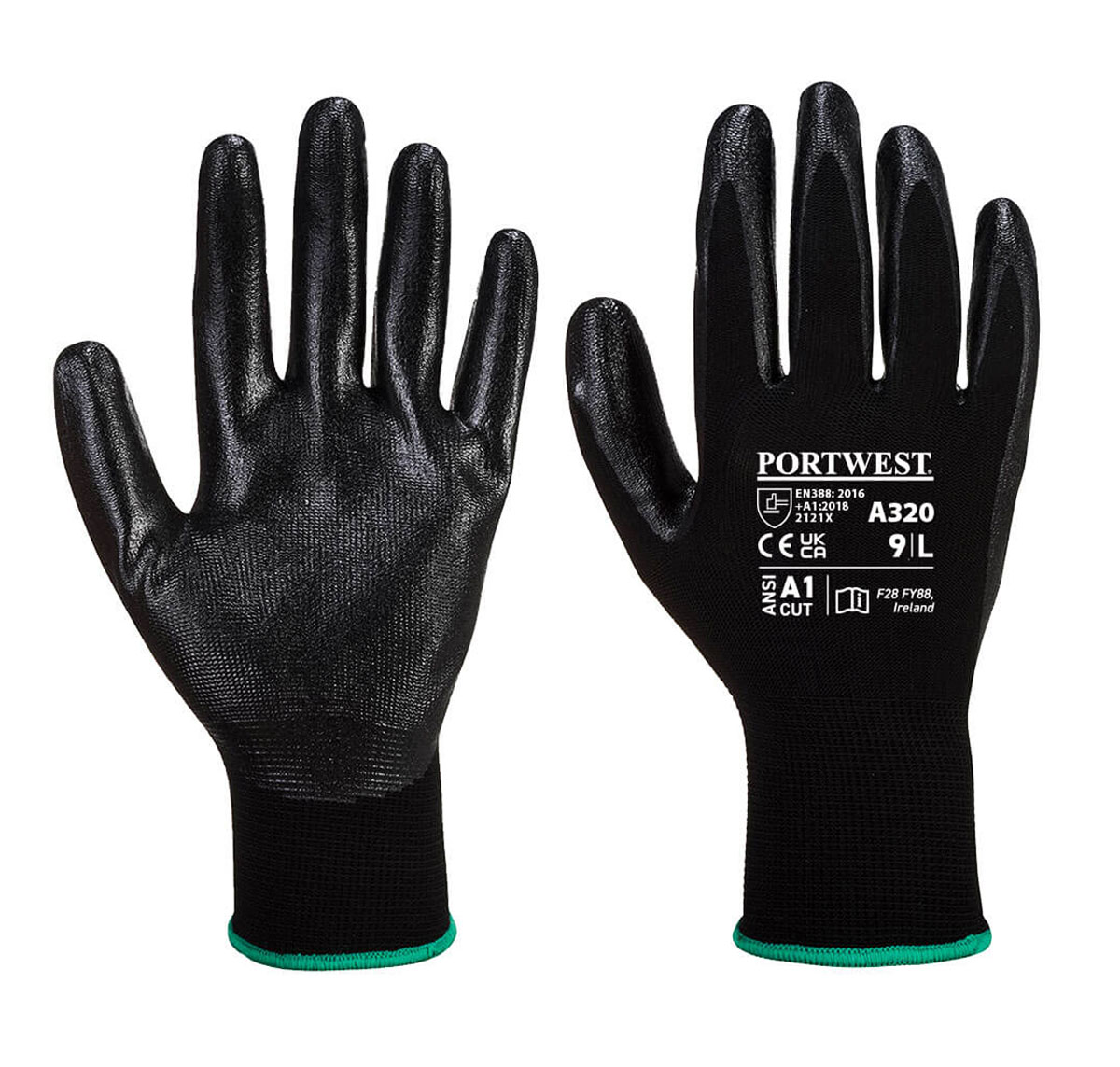 Portwest A320 Dexti Grip Nitrile Foam Palm Coated Gloves Black Size 8