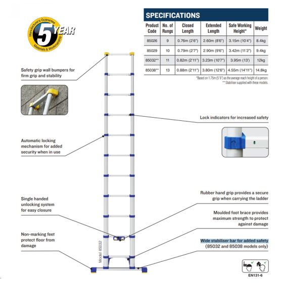 Werner 85032 Telescopic Soft Close Extension Ladder 3.2M 11 Rung ...
