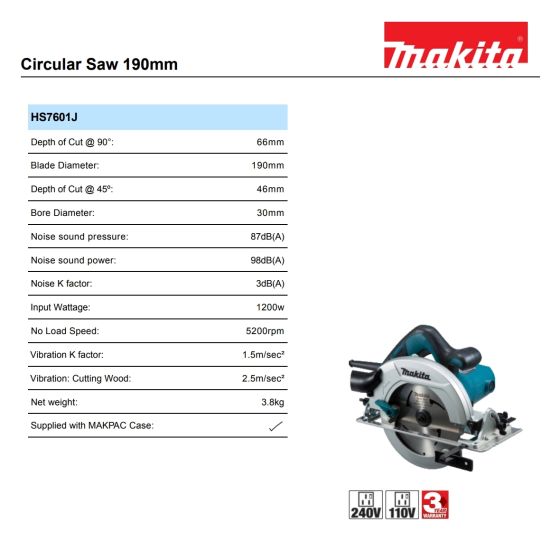 Makita HS7601J 190mm Circular Saw 240V + MakPac 4 Carry Case