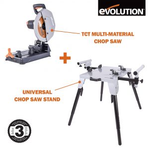 Evolution R355CPS + 005-0002 TCT Multi-Material Chop Saw 240v + Universal Stand