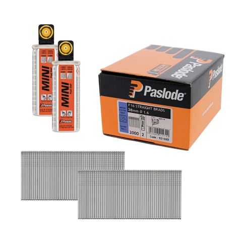 Paslode 921589 Electro-Galv 38mm Straight Brad Nails for IM65 F16 c/w 2 Fuel Cells (Pack of 2000)