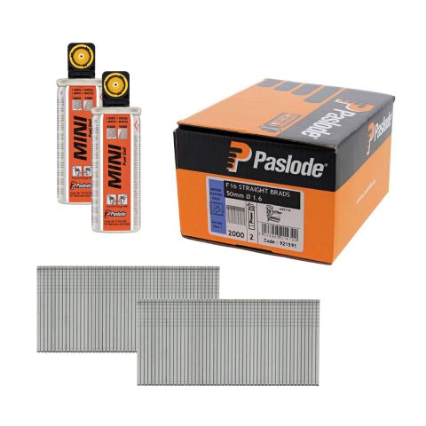 Paslode 921591 Electro-Galv 50mm Straight Brad Nails for IM65 F16 c/w 2 Fuel Cells (Pack of 2000)
