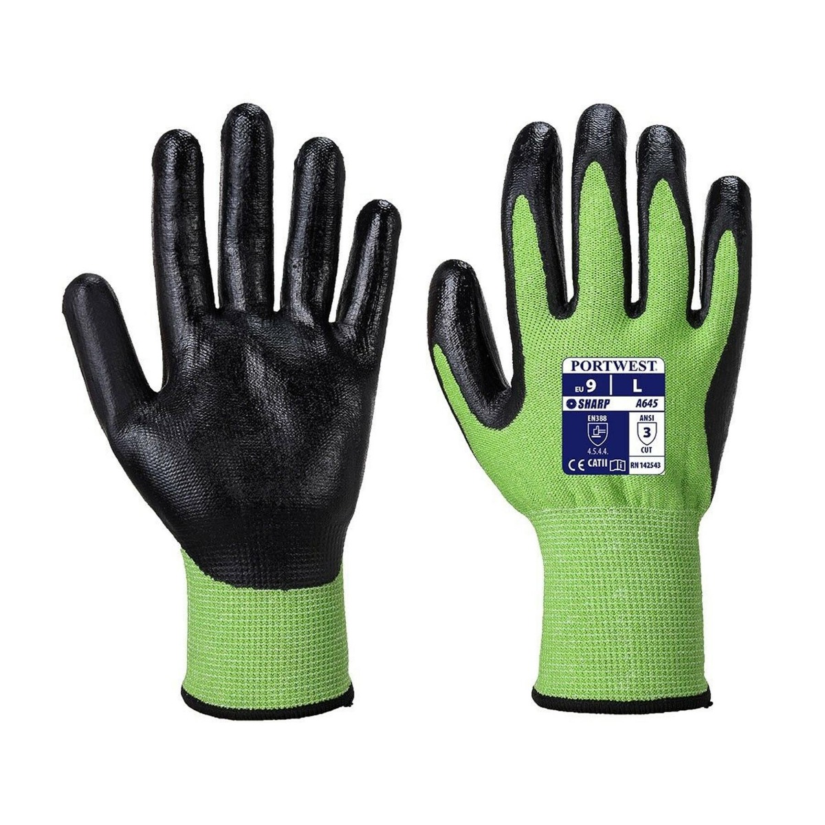 Portwest A645 Nitrile Palm-Coated Gloves Cut Level D Green Large